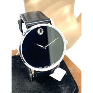 Movado Men's Watch 0607269 Swiss Quartz Silver Museum Black Dial Leather Strap